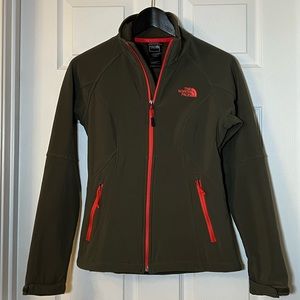 North Face Soft Shell Jacket | Olive with neon orange/pink details | Size XS